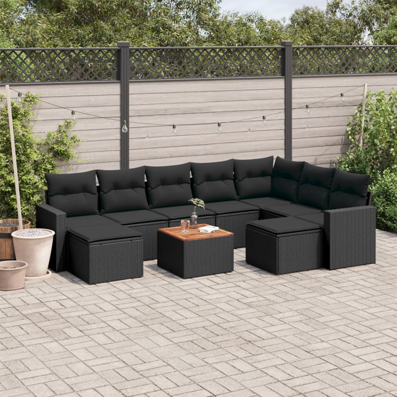 vidaXL 10 Piece Garden Sofa Set with Cushions Black Poly Rattan