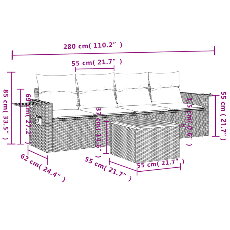 vidaXL 5 Piece Garden Sofa Set with Cushions Black Poly Rattan