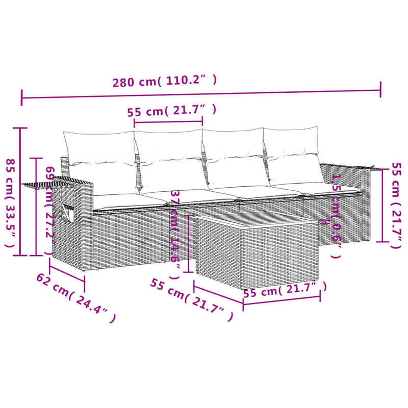 vidaXL 5 Piece Garden Sofa Set with Cushions Grey Poly Rattan
