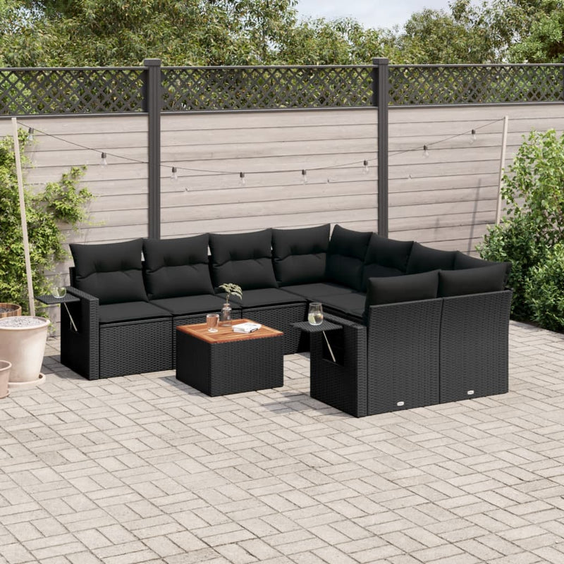 vidaXL 9 Piece Garden Sofa Set with Cushions Black Poly Rattan