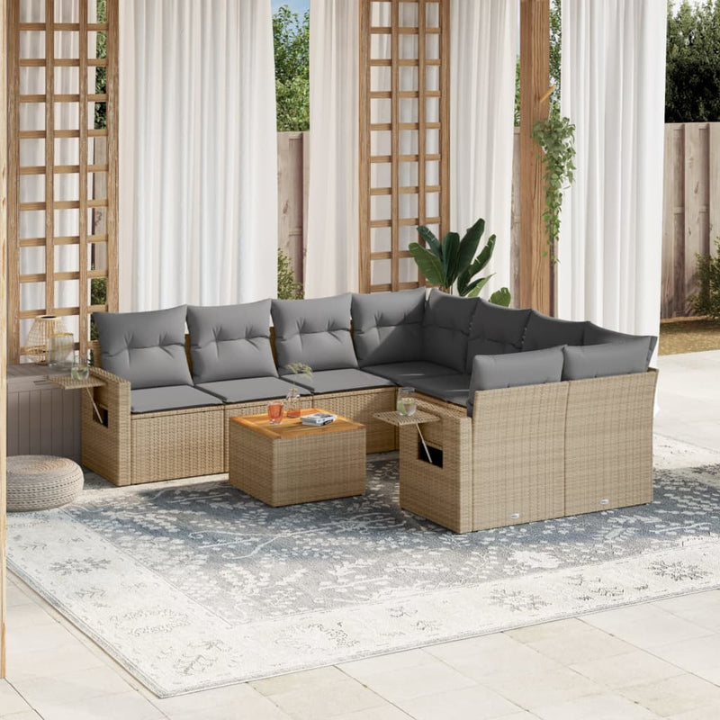 9 Piece Garden Sofa Set with Cushions Mix Beige Poly Rattan