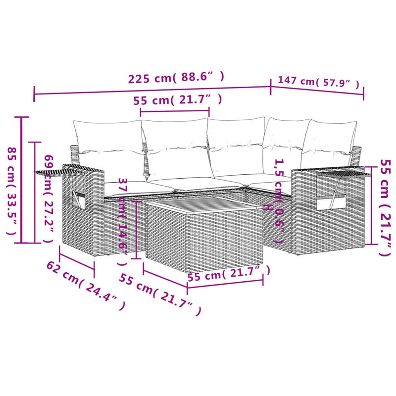 vidaXL 5 Piece Garden Sofa Set with Cushions Grey Poly Rattan