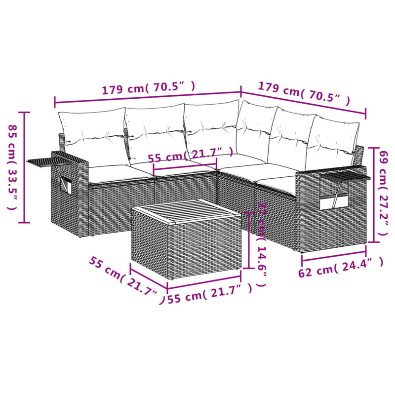 vidaXL 6 Piece Garden Sofa Set with Cushions Grey Poly Rattan