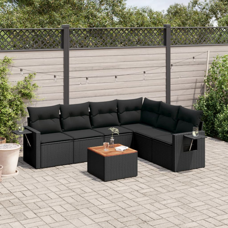 vidaXL 7 Piece Garden Sofa Set with Cushions Black Poly Rattan