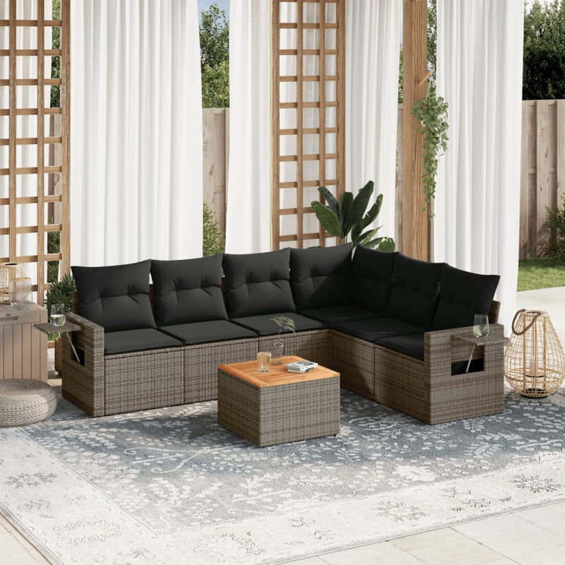 7 Piece Garden Sofa Set with Cushions Grey Poly Rattan