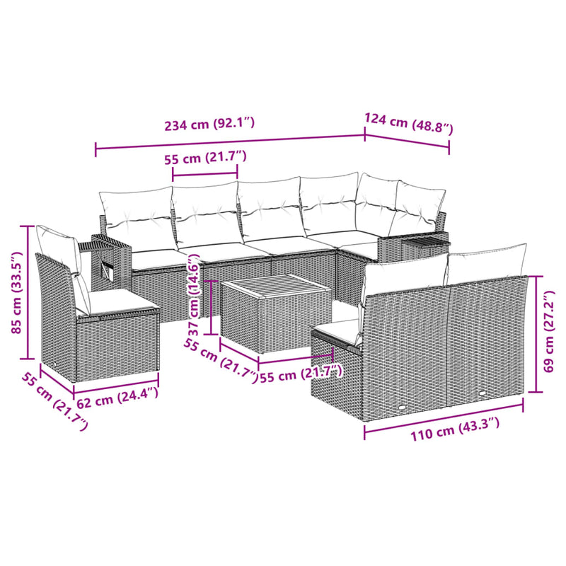 vidaXL 9 Piece Garden Sofa Set with Cushions Black Poly Rattan