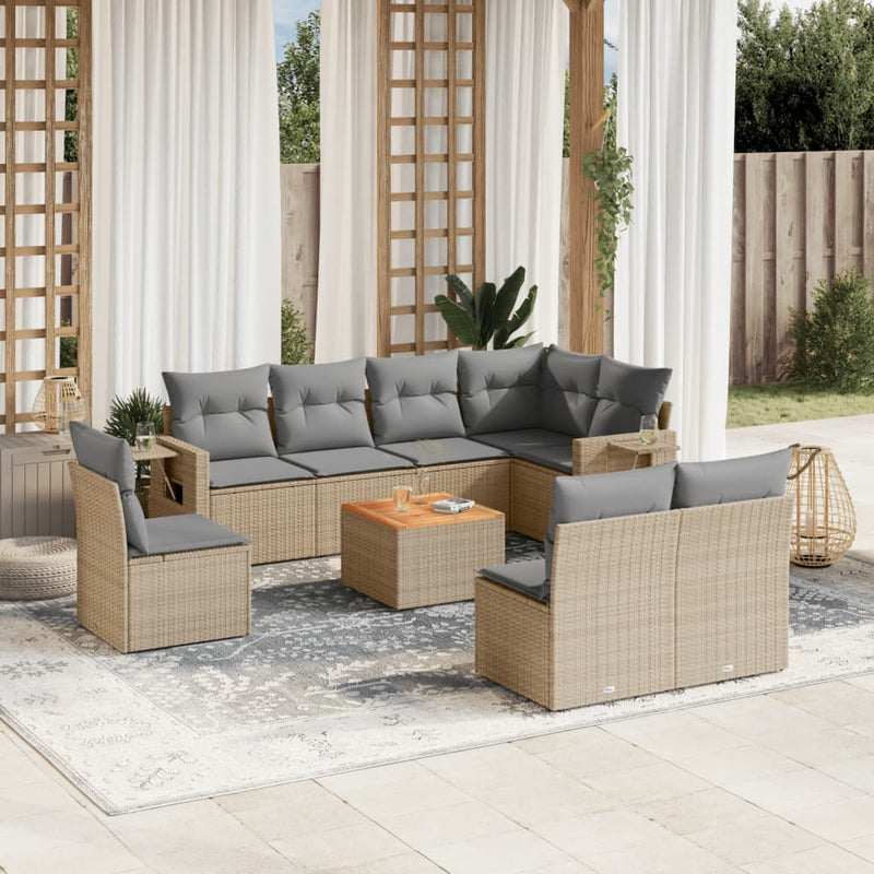 9 Piece Garden Sofa Set with Cushions Mix Beige Poly Rattan