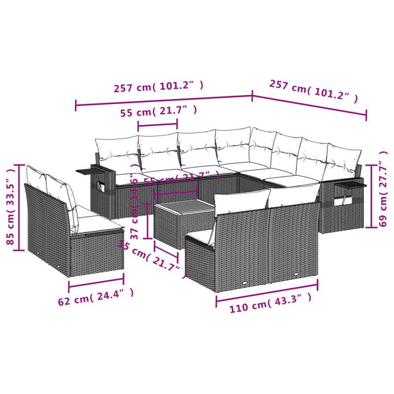 12 Piece Garden Sofa Set with Cushions Grey Poly Rattan