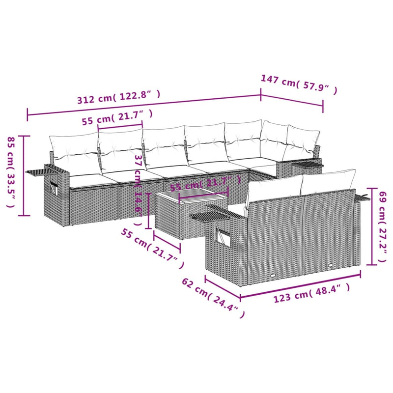 9 Piece Garden Sofa Set with Cushions Grey Poly Rattan