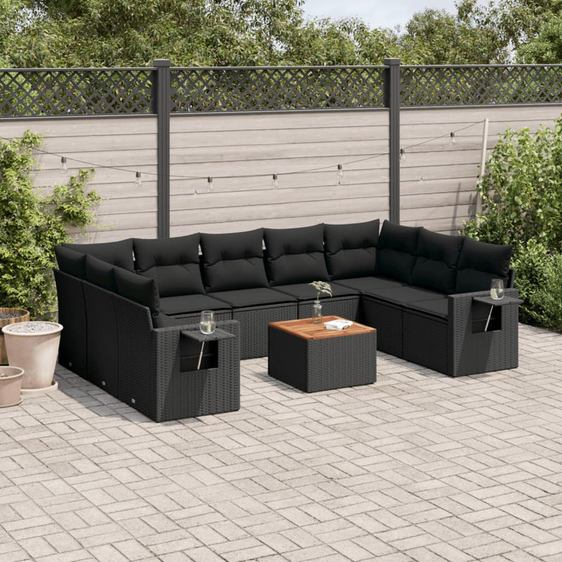 vidaXL 10 Piece Garden Sofa Set with Cushions Black Poly Rattan