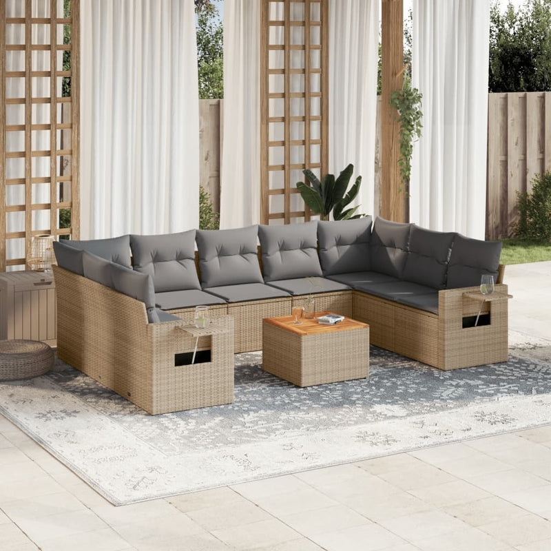 10 Piece Garden Sofa Set with Cushions Mix Beige Poly Rattan