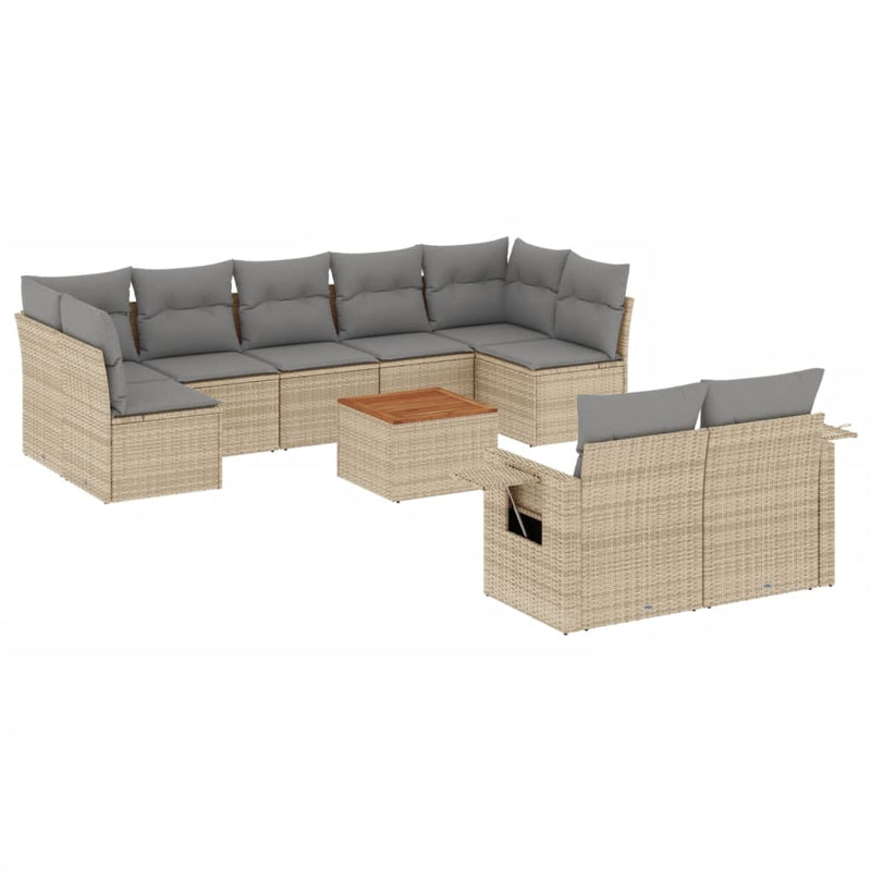 10 Piece Garden Sofa Set with Cushions Mix Beige Poly Rattan