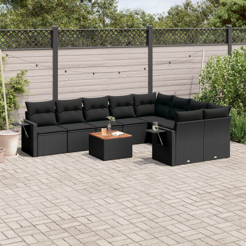 vidaXL 10 Piece Garden Sofa Set with Cushions Black Poly Rattan