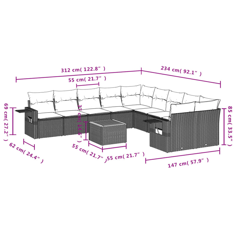 vidaXL 11 Piece Garden Sofa Set with Cushions Black Poly Rattan