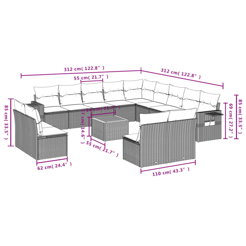 14 Piece Garden Sofa Set with Cushions Grey Poly Rattan