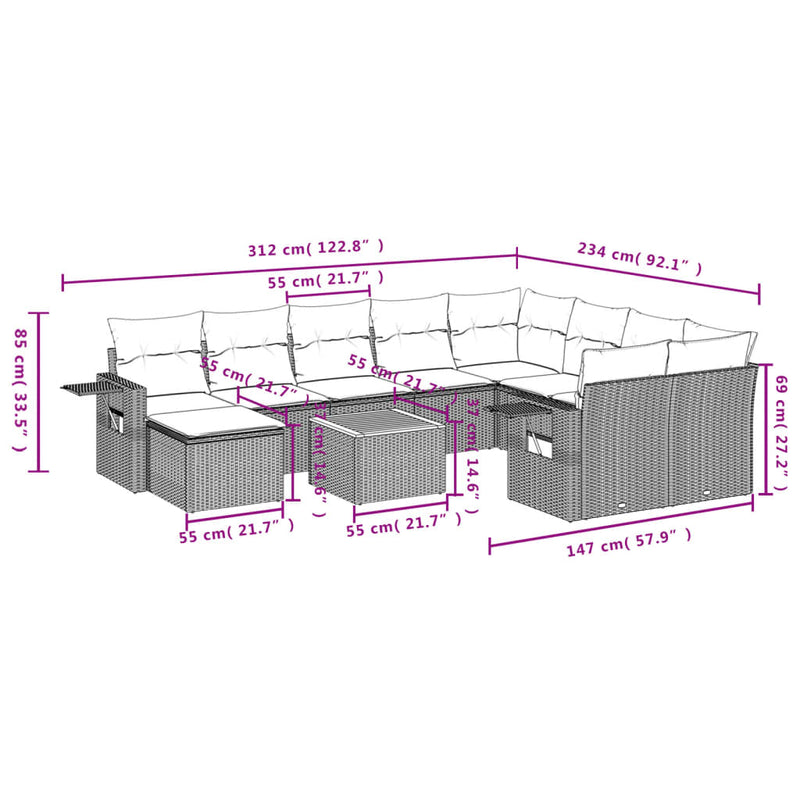 vidaXL 11 Piece Garden Sofa Set with Cushions Black Poly Rattan