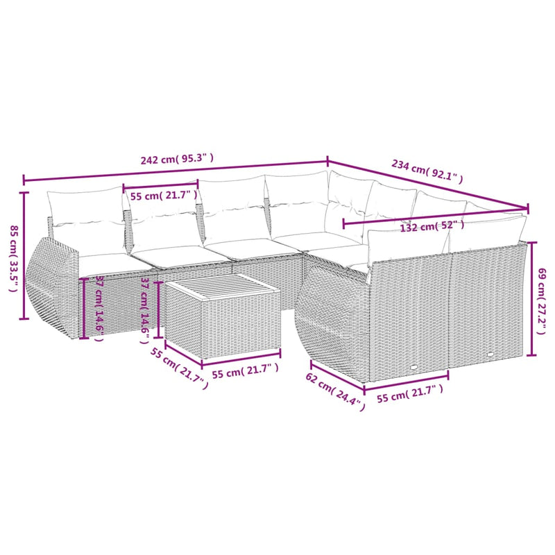 vidaXL 9 Piece Garden Sofa Set with Cushions Grey Poly Rattan