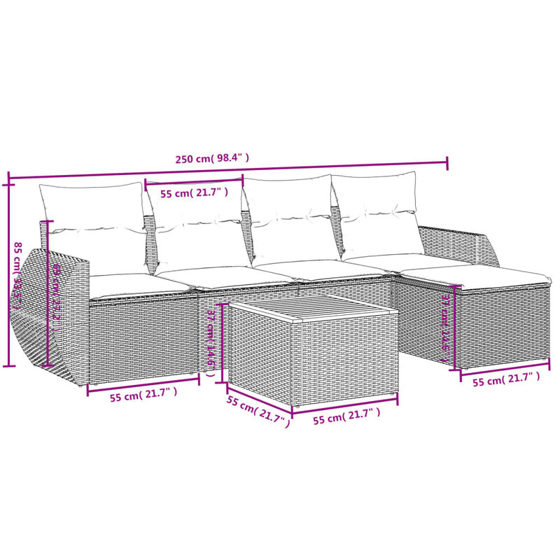 vidaXL 6 Piece Garden Sofa Set with Cushions Grey Poly Rattan