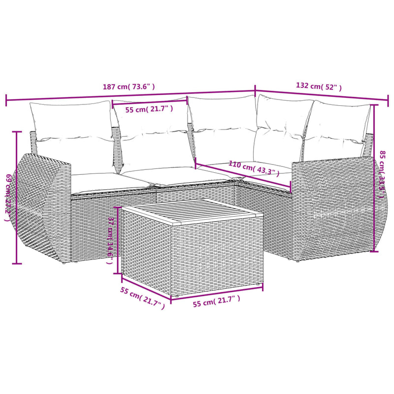vidaXL 5 Piece Garden Sofa Set with Cushions Grey Poly Rattan