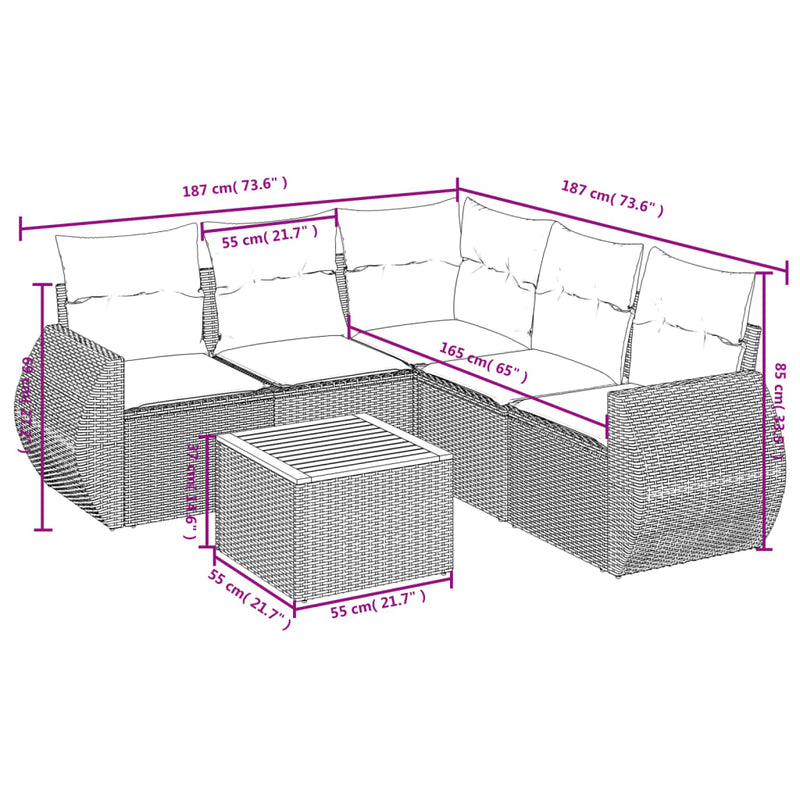 vidaXL 6 Piece Garden Sofa Set with Cushions Grey Poly Rattan