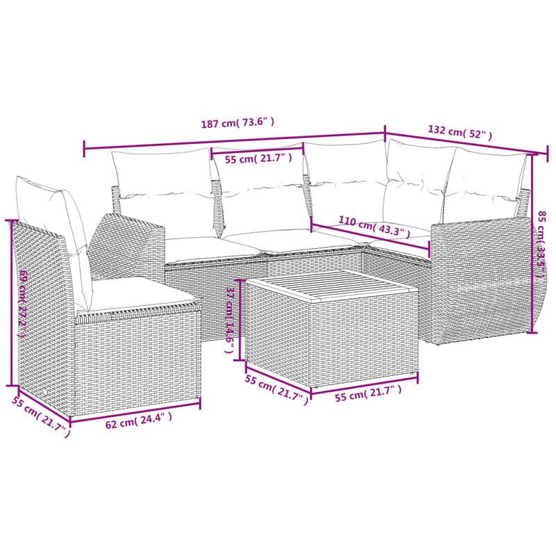 vidaXL 6 Piece Garden Sofa Set with Cushions Grey Poly Rattan