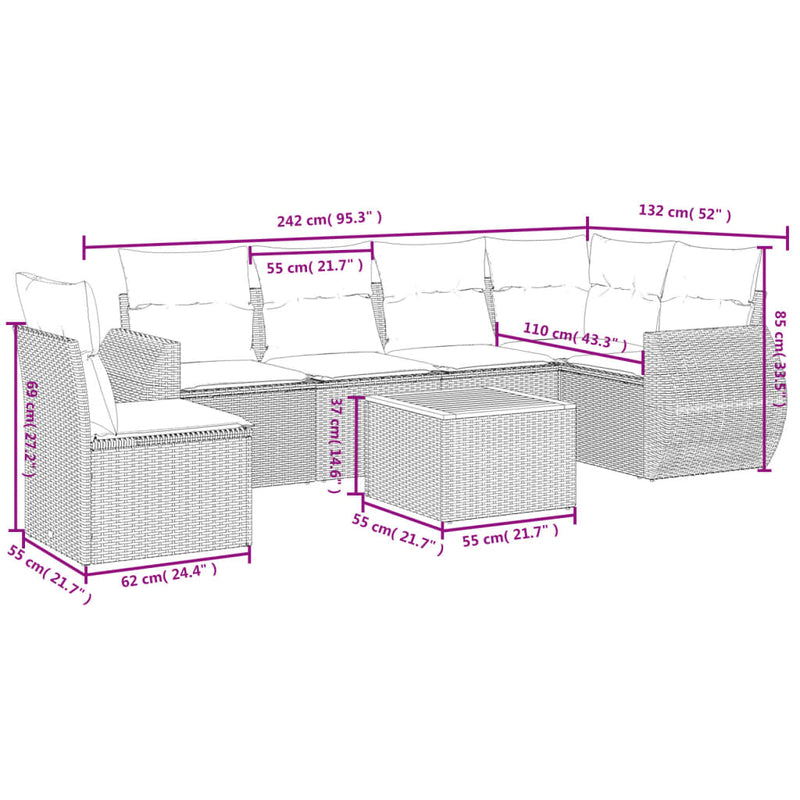vidaXL 7 Piece Garden Sofa Set with Cushions Grey Poly Rattan