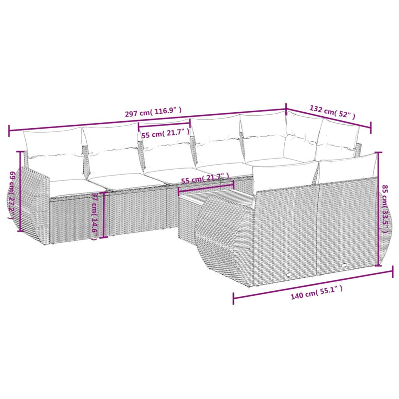 vidaXL 9 Piece Garden Sofa Set with Cushions Grey Poly Rattan