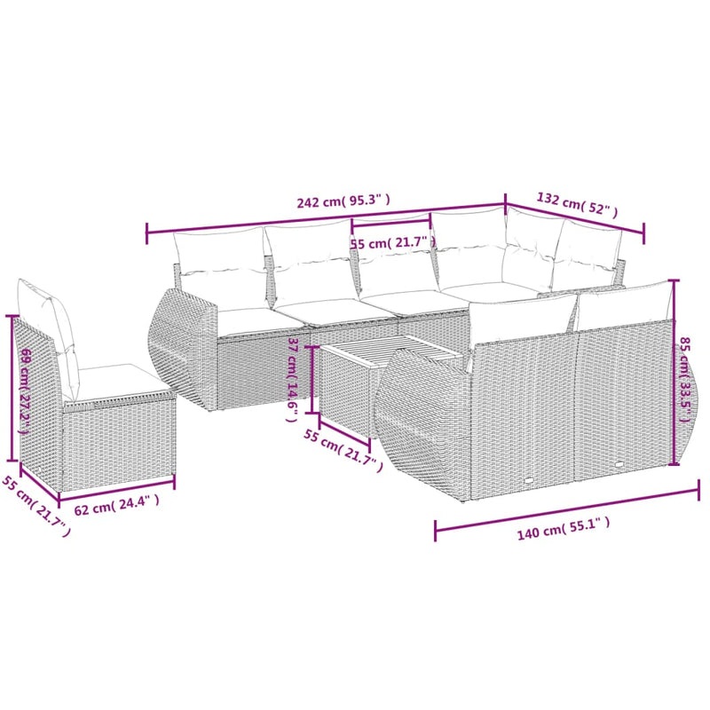 vidaXL 9 Piece Garden Sofa Set with Cushions Grey Poly Rattan