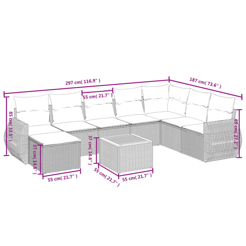vidaXL 9 Piece Garden Sofa Set with Cushions Grey Poly Rattan