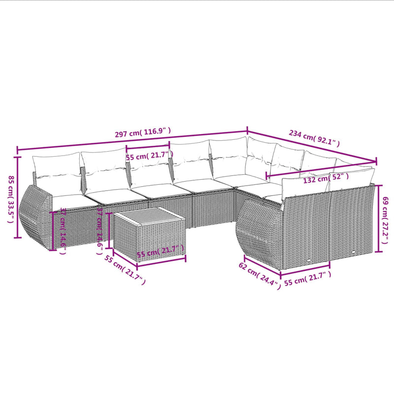 vidaXL 10 Piece Garden Sofa Set with Cushions Grey Poly Rattan