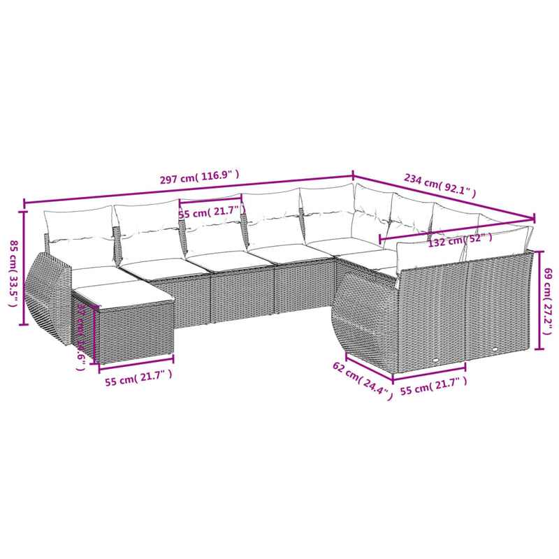 vidaXL 10 Piece Garden Sofa Set with Cushions Grey Poly Rattan