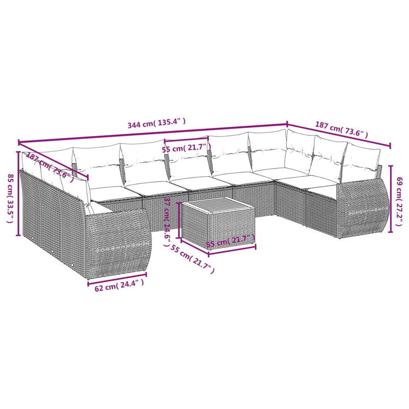 vidaXL 11 Piece Garden Sofa Set with Cushions Grey Poly Rattan