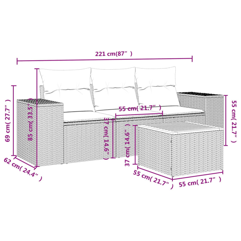 vidaXL 4 Piece Garden Sofa Set with Cushions Grey Poly Rattan