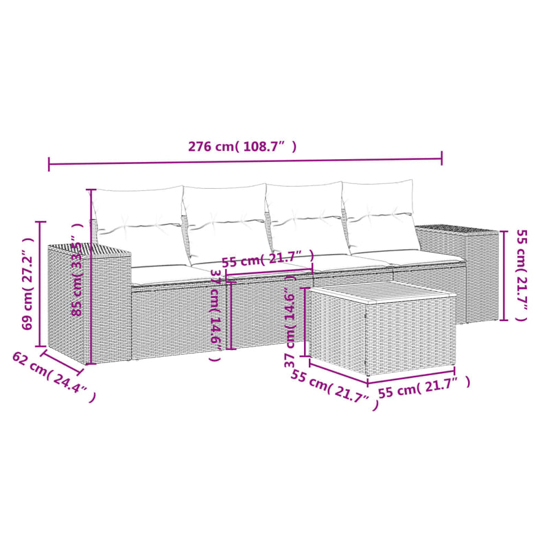 vidaXL 5 Piece Garden Sofa Set with Cushions Black Poly Rattan