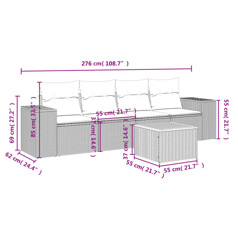 vidaXL 5 Piece Garden Sofa Set with Cushions Grey Poly Rattan