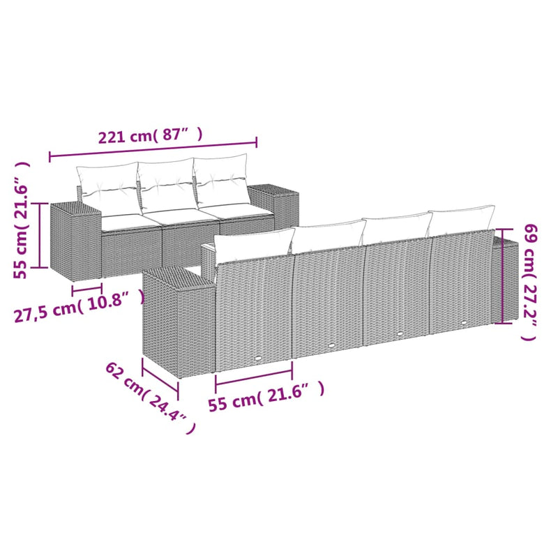 vidaXL 8 Piece Garden Sofa Set with Cushions Grey Poly Rattan