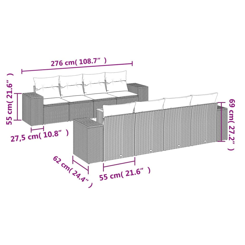vidaXL 9 Piece Garden Sofa Set with Cushions Grey Poly Rattan