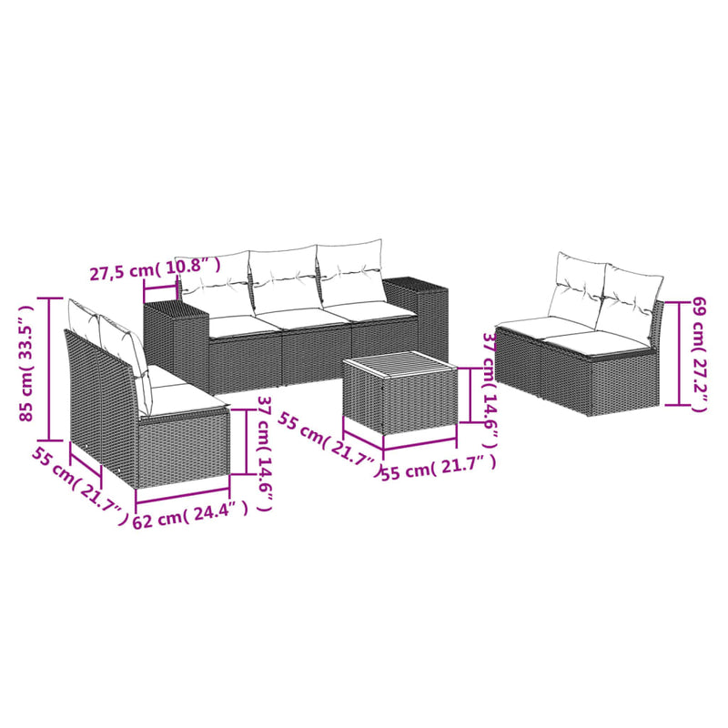 vidaXL 8 Piece Garden Sofa Set with Cushions Black Poly Rattan