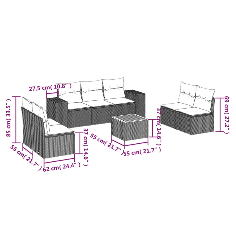 vidaXL 8 Piece Garden Sofa Set with Cushions Grey Poly Rattan