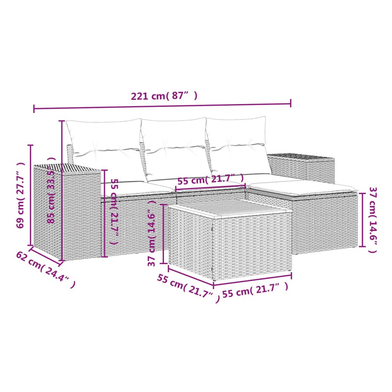 vidaXL 5 Piece Garden Sofa Set with Cushions Grey Poly Rattan