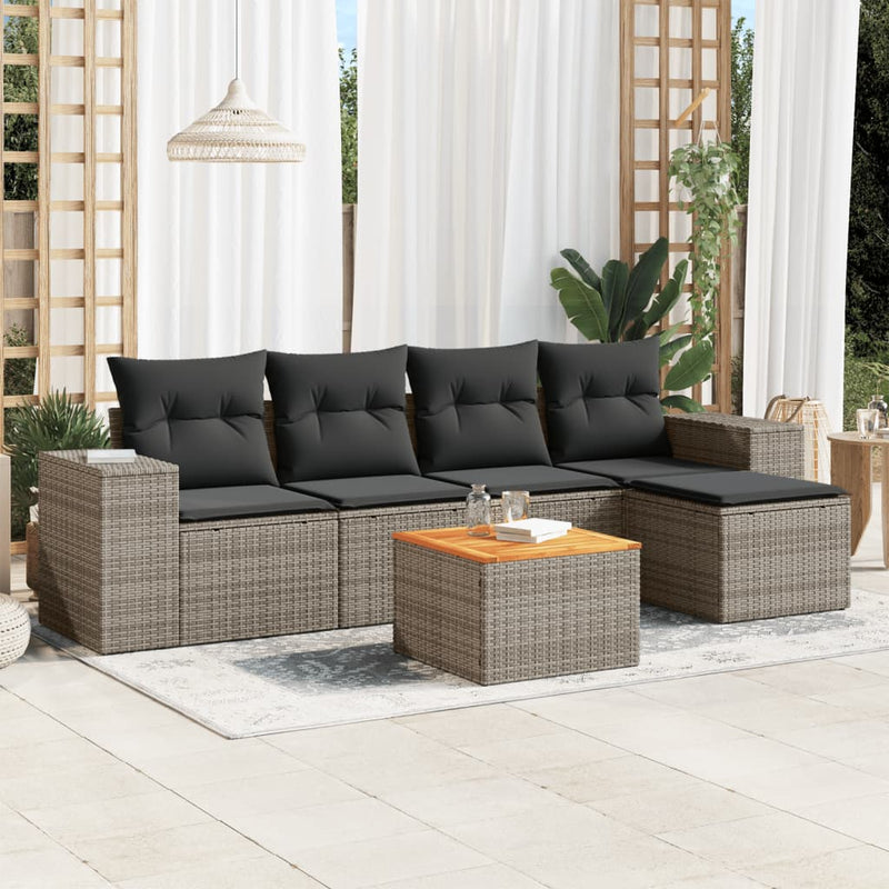 vidaXL 6 Piece Garden Sofa Set with Cushions Grey Poly Rattan