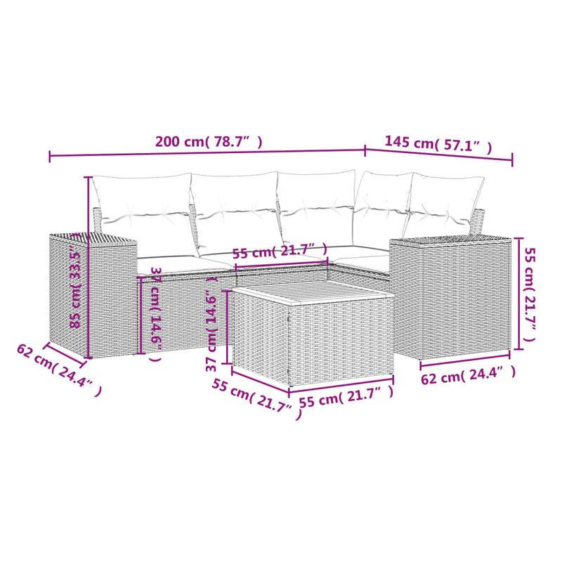 vidaXL 5 Piece Garden Sofa Set with Cushions Grey Poly Rattan