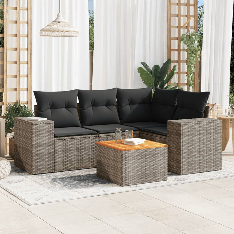 5 Piece Garden Sofa Set with Cushions Grey Poly Rattan