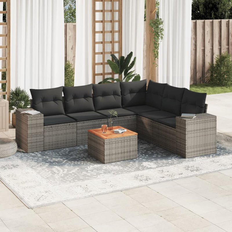 7 Piece Garden Sofa Set with Cushions Grey Poly Rattan