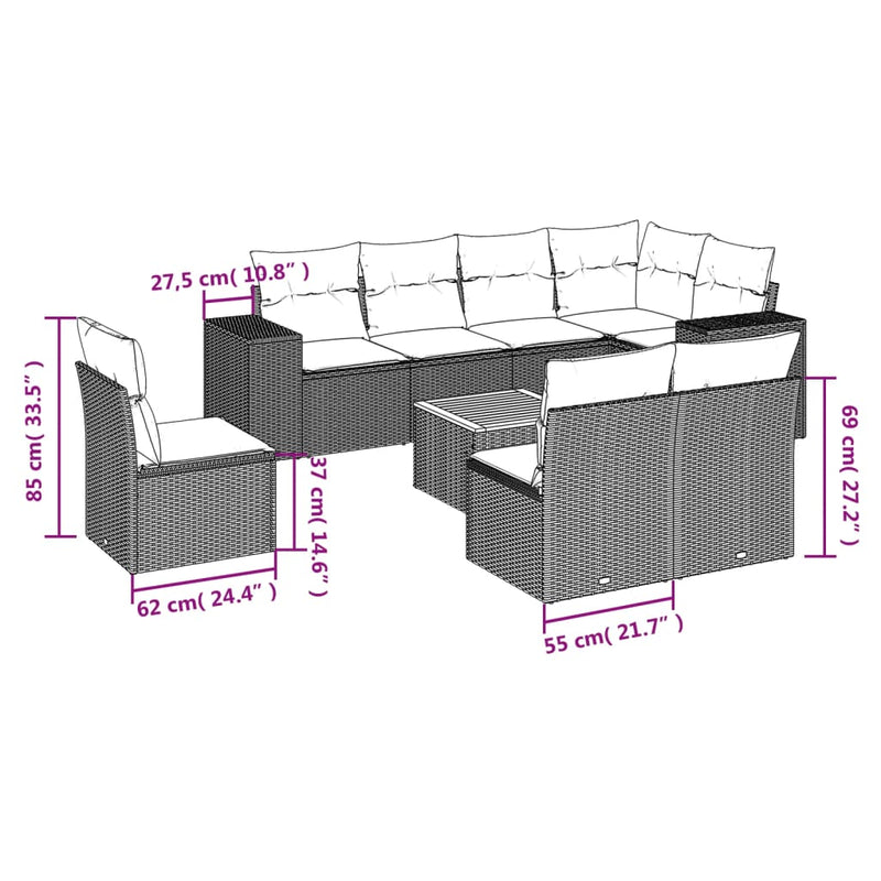 vidaXL 9 Piece Garden Sofa Set with Cushions Grey Poly Rattan
