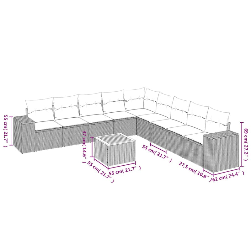 10 Piece Garden Sofa Set with Cushions Grey Poly Rattan