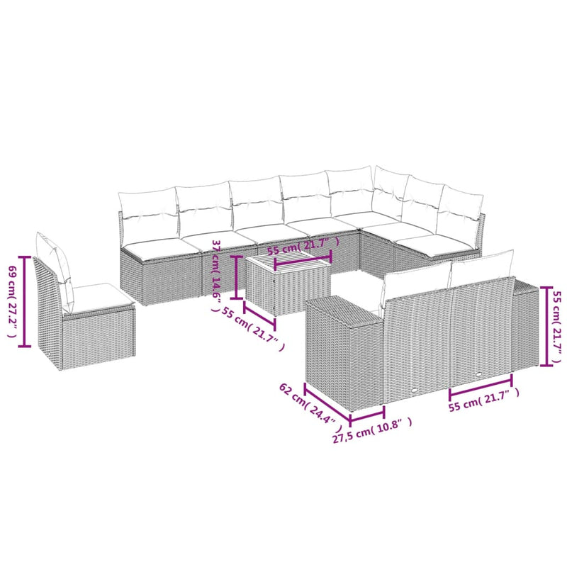 vidaXL 11 Piece Garden Sofa Set with Cushions Grey Poly Rattan