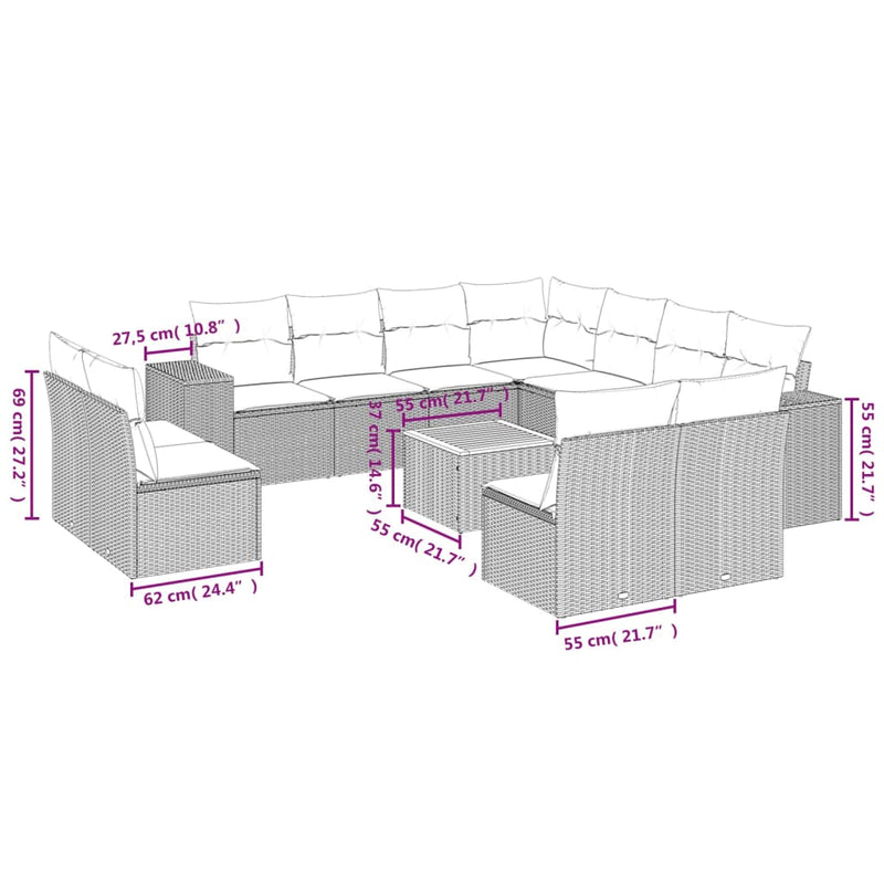 vidaXL 12 Piece Garden Sofa Set with Cushions Grey Poly Rattan