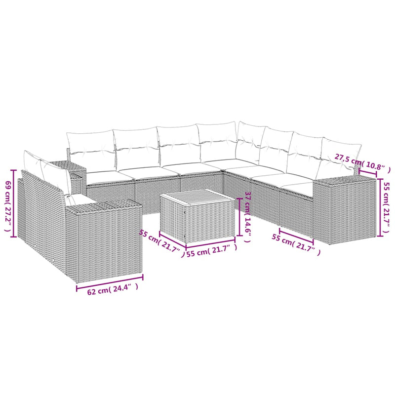 vidaXL 10 Piece Garden Sofa Set with Cushions Grey Poly Rattan