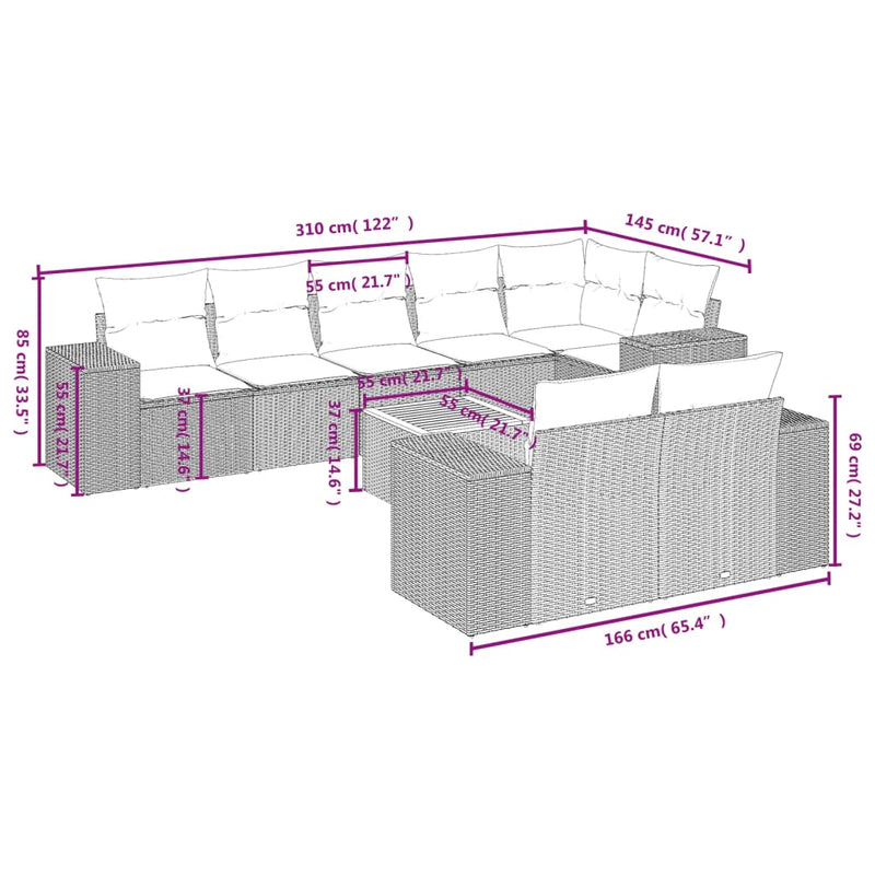 vidaXL 9 Piece Garden Sofa Set with Cushions Grey Poly Rattan